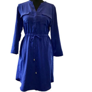 Long Sleeve Blue Dress With Pockets and Drawstring Waist Size Medium